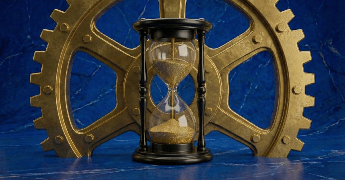 A golden gear and black hourglass to symbolize how to use your time more effectively.