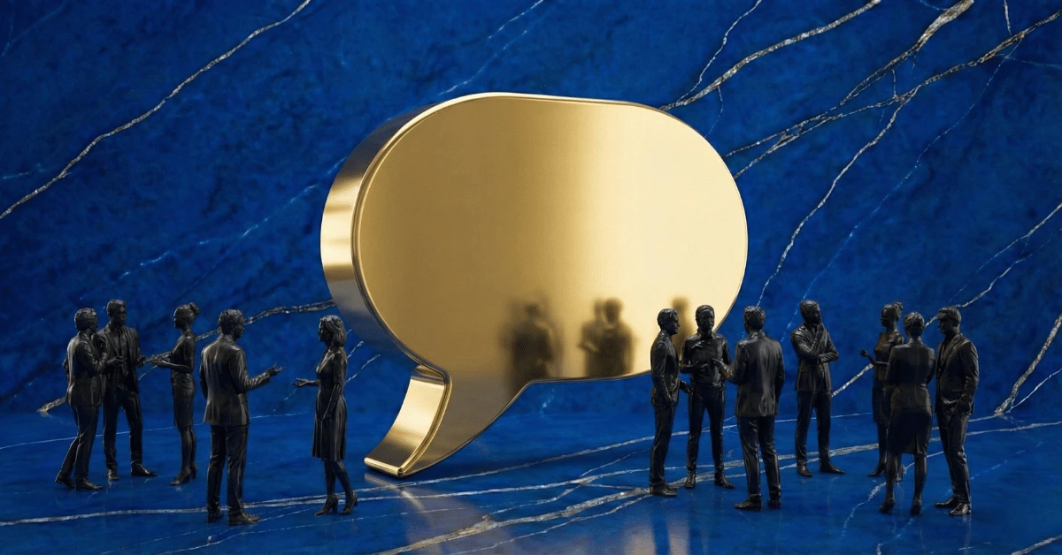A golden text bubble with people around it to represent how to have a good conversation with anyone.