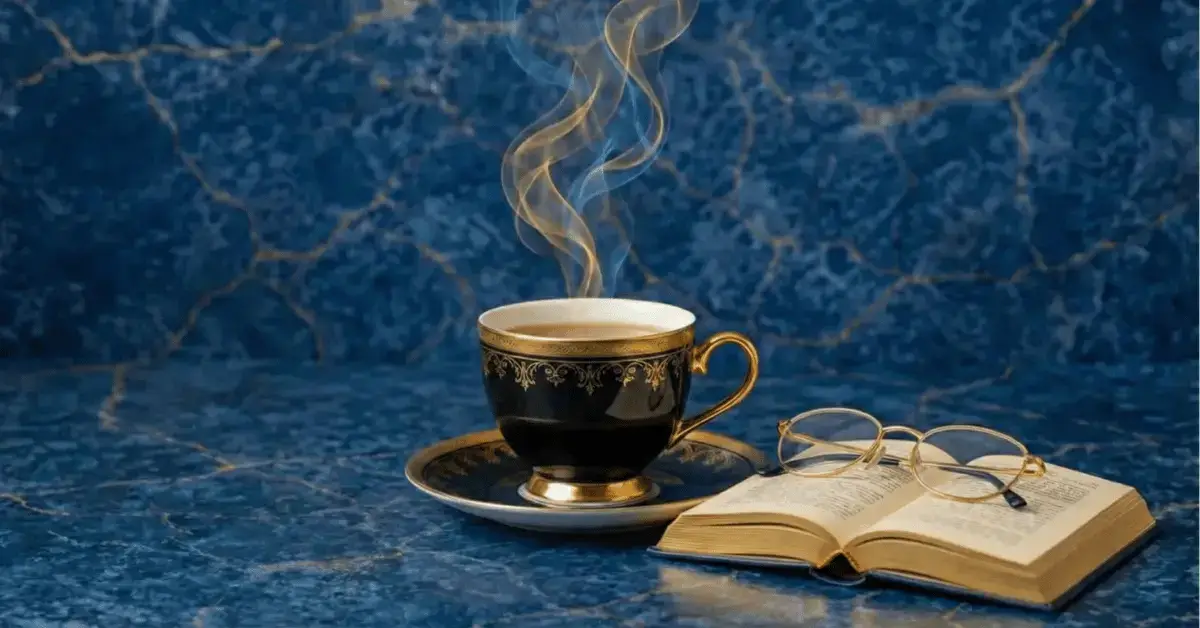 Black cup of coffee, glasses, and book symbolizing unwinding after work.