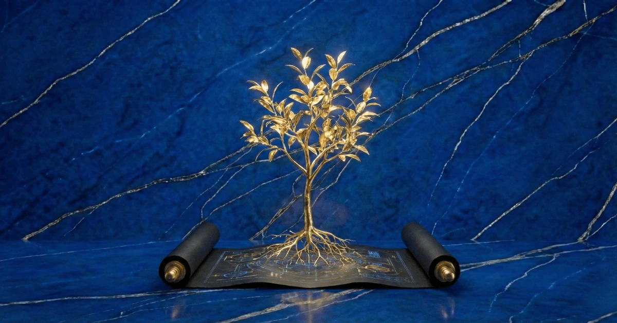 A blueprint with a golden tree growing out of it representing how to create a personal growth plan.