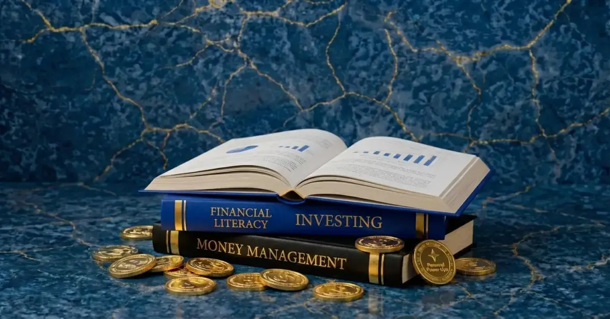 Textbooks and coins to illustrate improving financial literacy.