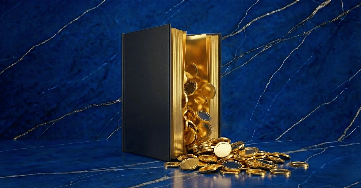 A finance book with golden coins pouring out of it to show how to improve your financial literacy.