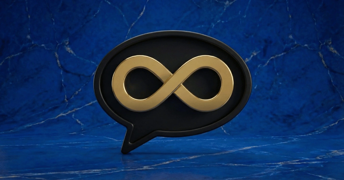 A golden speech bubble containing an infinity symbol against a black background, resting on a textured dark blue and gold lapis lazuli surface, representing the concept of never running out of things to say.