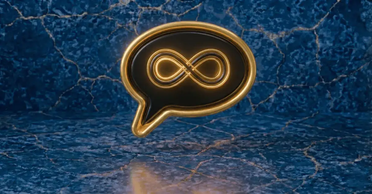 A golden speech bubble containing an infinity symbol against a black background, resting on a textured dark blue and gold lapis lazuli surface, representing the concept of never running out of things to say.