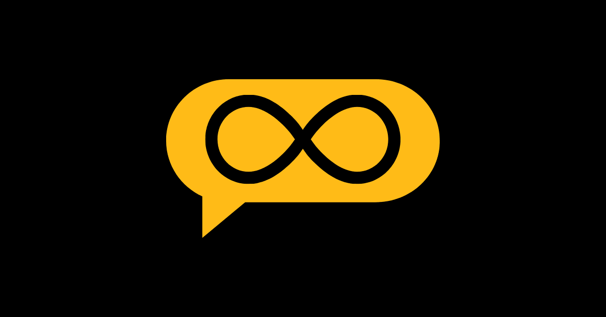 A golden speech bubble containing an infinity symbol against a black background, representing the concept of never running out of things to say.