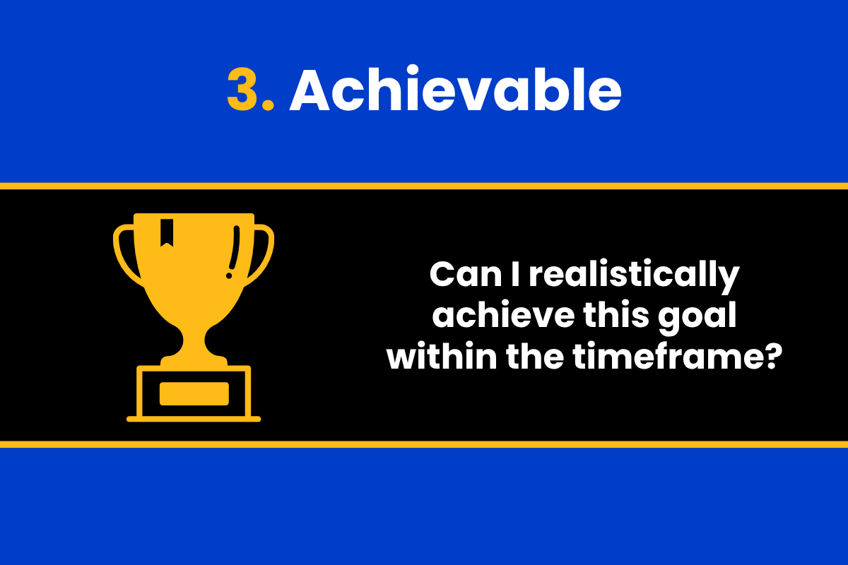 Achievable is the third part of a SMART goal.