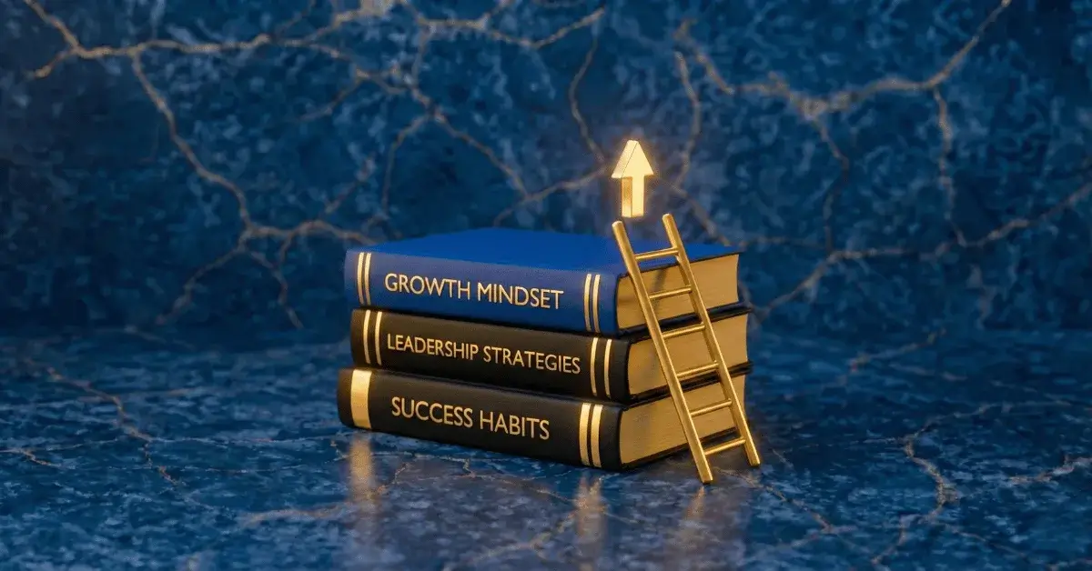 Golden ladder with books symbolizing the best self help books for young professionals.