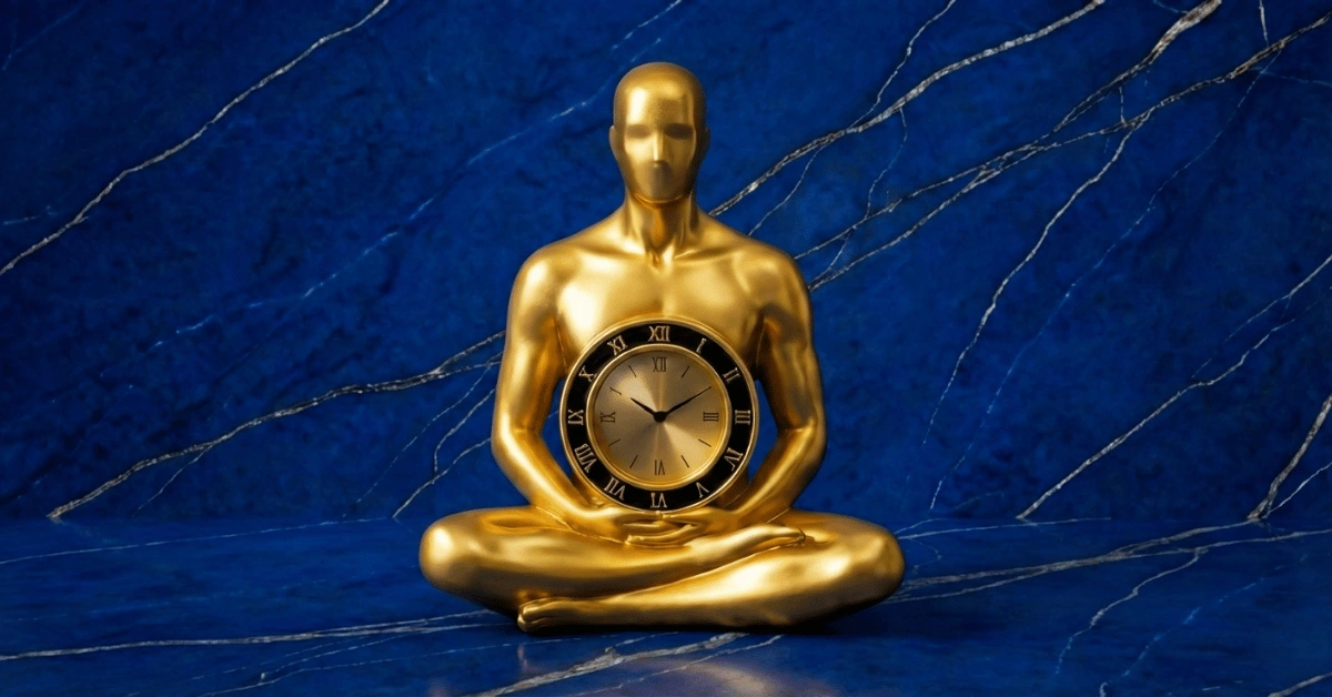 Golden statue with a clock representing living in the moment.