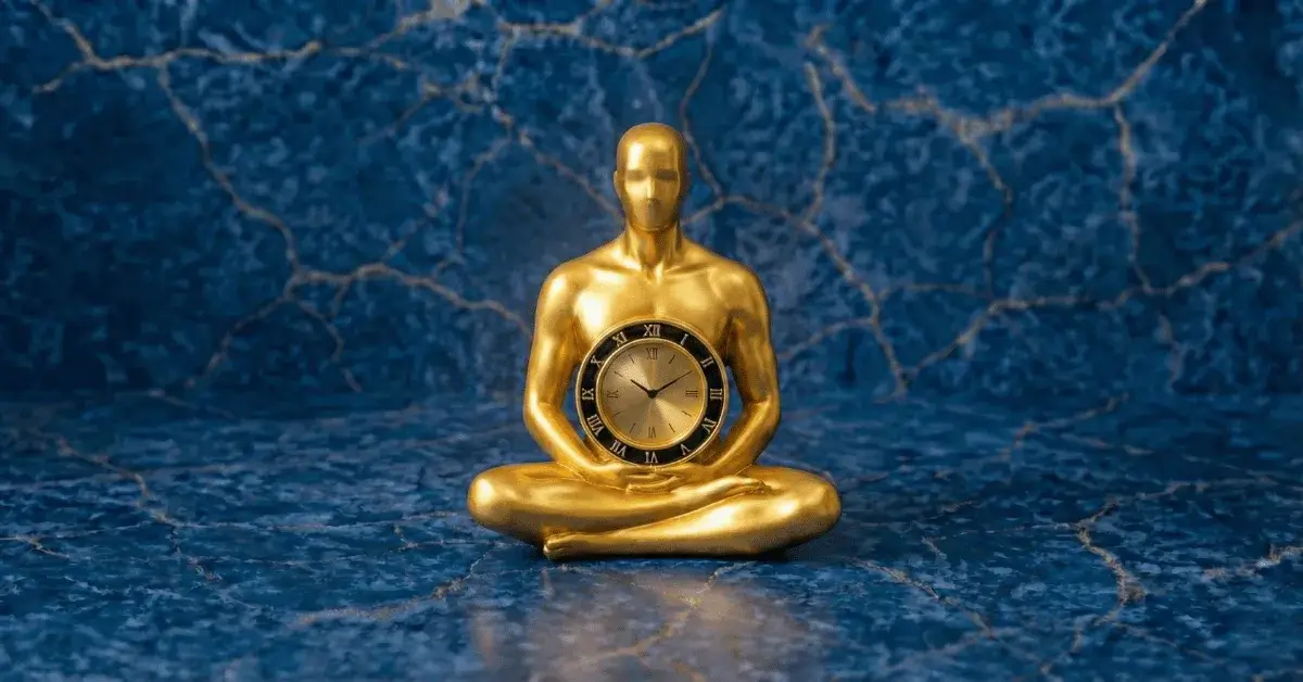 Golden statue with a clock representing living in the moment.