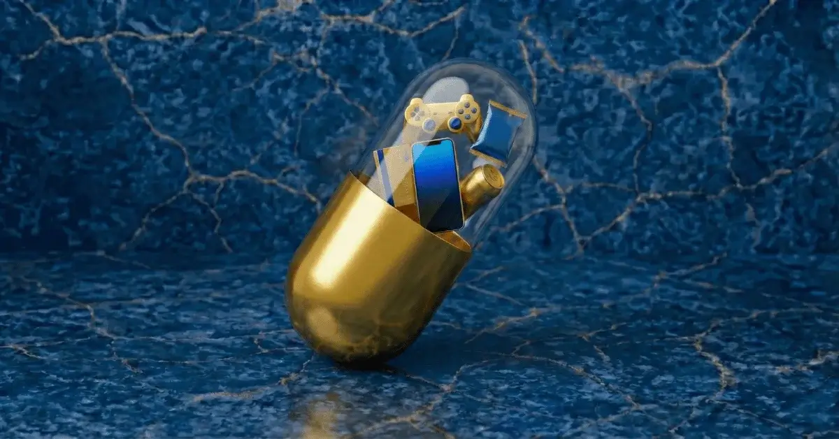 A golden and clear capsule pill, representing a dopamine detox, contains symbols of modern addictions such as a smartphone, game controller, and snack bag, set against a sharp blue marble background with gold veins.