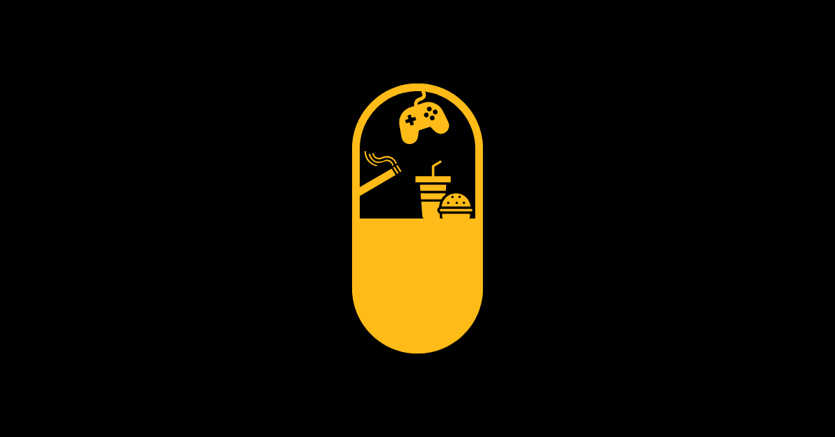A golden capsule pill, representing a dopamine detox, contains symbols of modern addictions such as a game controller, fast food, and sigarette.