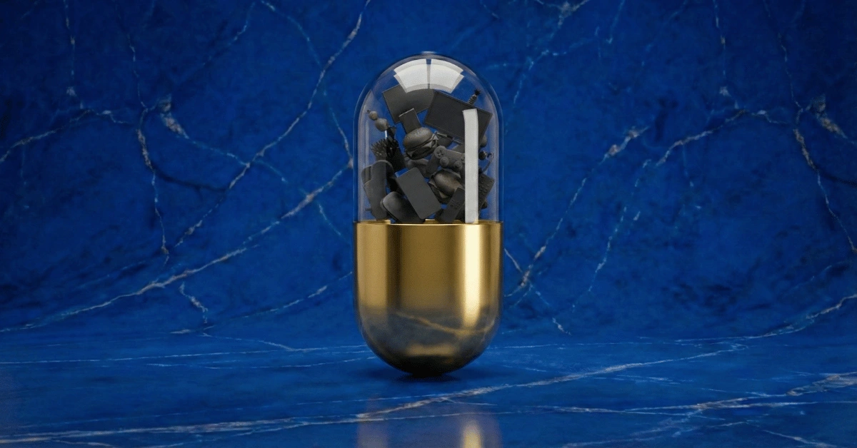 A golden and clear capsule pill, representing a dopamine detox, contains symbols of modern addictions such as a smartphone, game controller, and snack bag, set against a sharp blue marble background with gold veins.
