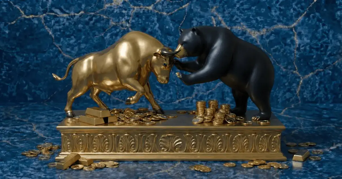 Golden statue of a bull and bear with coins representing a bull market and bear market.