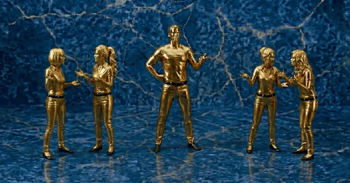 An image showing a central golden statue of a man standing in a confident, open pose, symbolizing overcoming shyness. He is flanked on both sides by pairs of golden female statues engaged in conversation, all set against a textured deep blue lapis lazuli background with gold cracks.