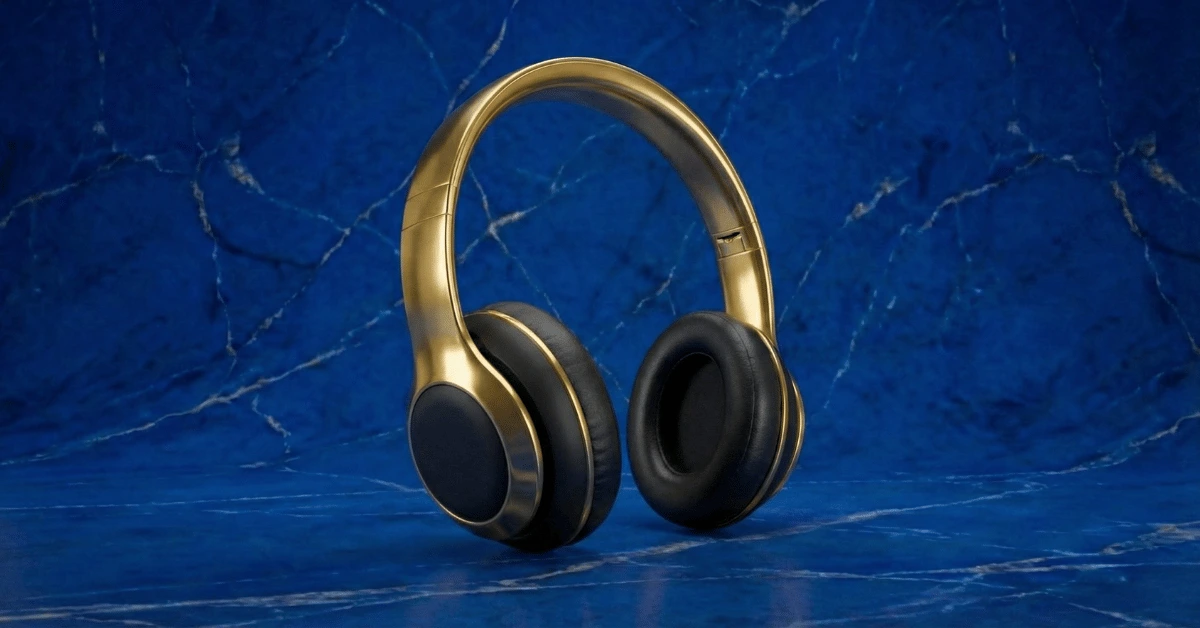 Golden headphones with black accents resting on a textured blue lapis lazuli background, illustrating tools to stop overstimulation and sensory overload.