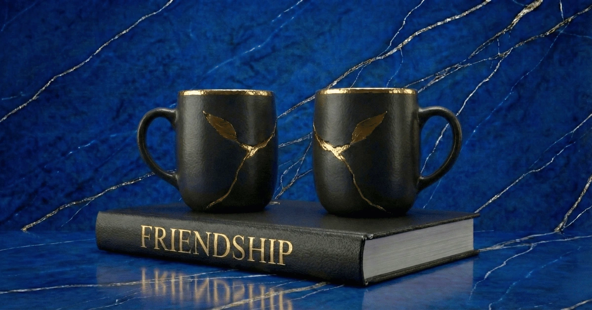 A book on friendship and two mugs representing making friends as an introvert.