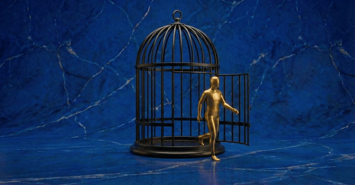 A man coming out of his cage to symbolize how to stop being shy.