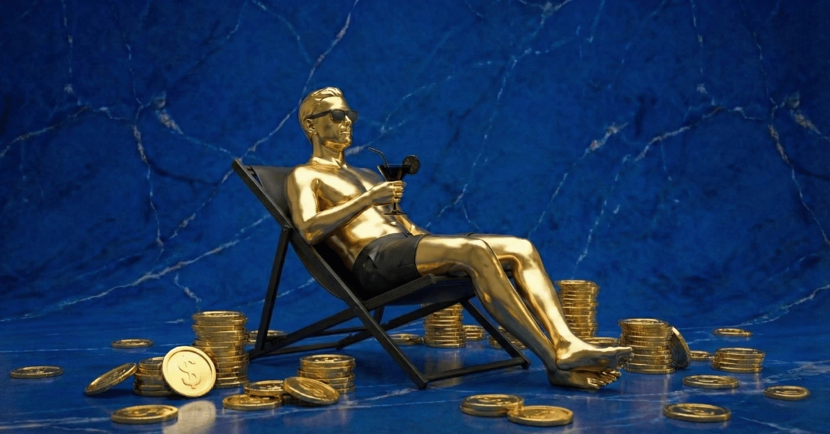 Coins and golden statue of a man relaxing after achieving FIRE (Financial Independence Retire Early).