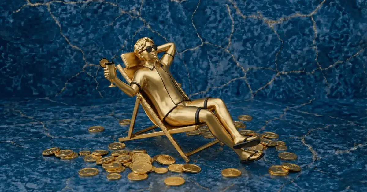 Coins and golden statue of a man relaxing after achieving FIRE (Financial Independence Retire Early).