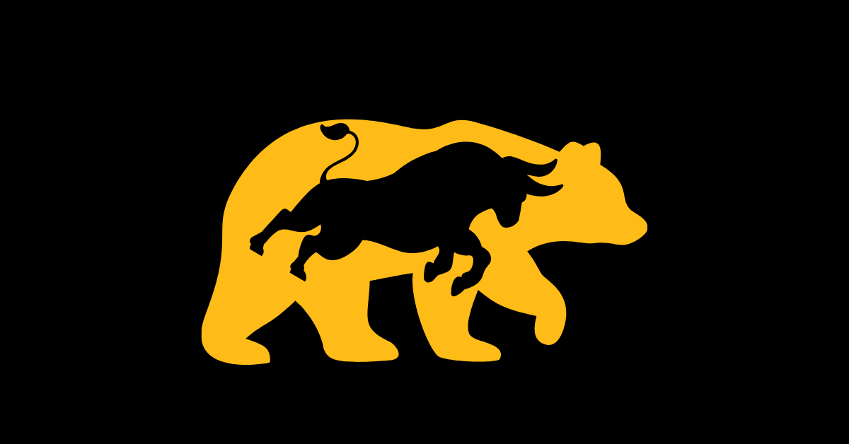 A black bull within a golden bear to symbolize what a bull market and bear market are.