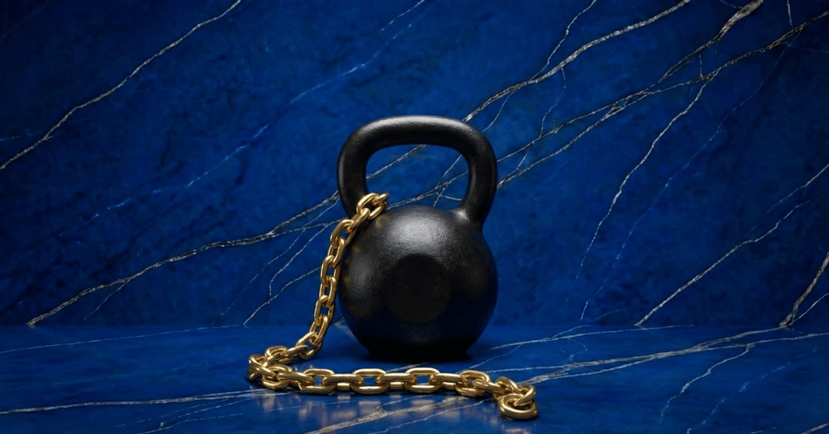 A matte black kettlebell attached to a polished gold chain resting on a blue lapis lazuli marble floor, symbolizing the discipline required to get to the gym when you don't want to.