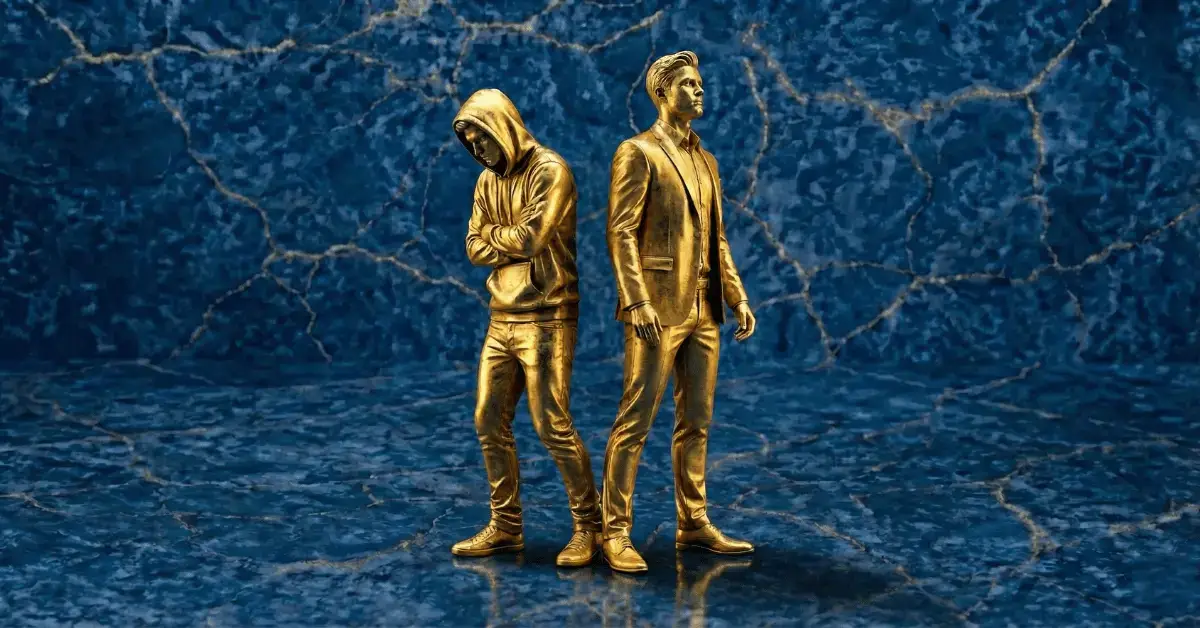 A golden statue of a shy man and a golden statue of a confident man symbolizing looking more confident through body language.