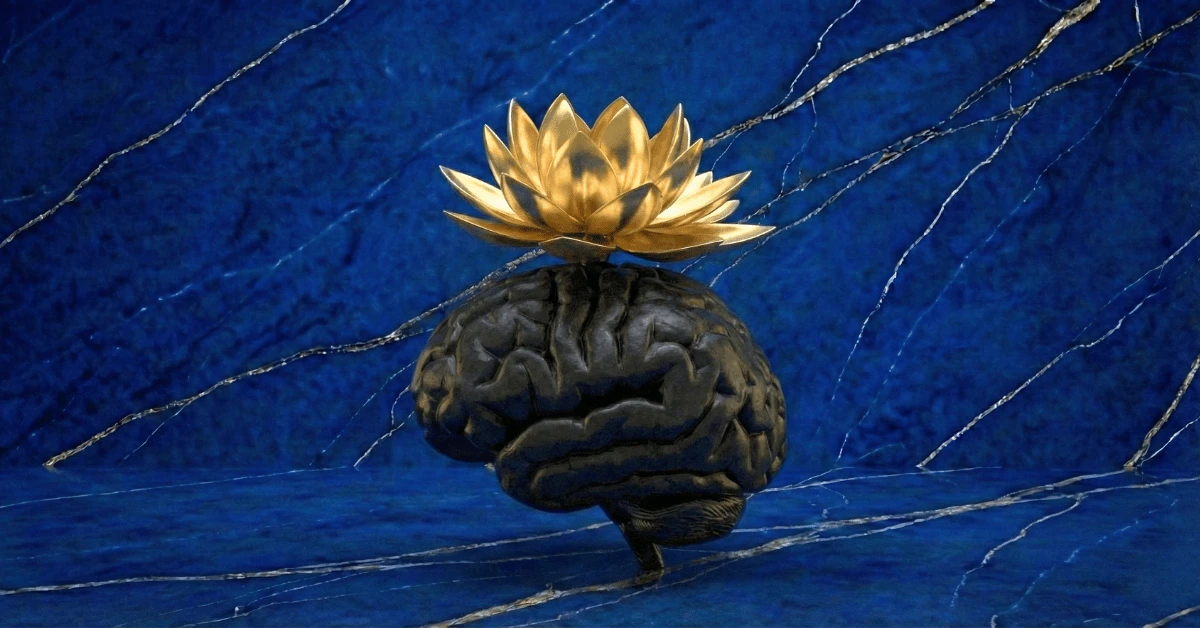 An overthinking brain with a golden lotus on top to symbolize how to stop overthinking and relax.