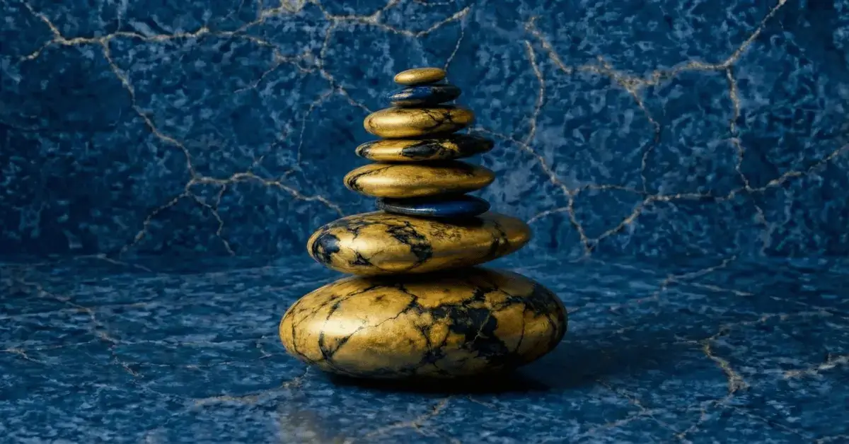 A stack of smooth, gold and blue marbled zen stones balanced in a cairn on a textured dark blue surface with golden cracks, symbolizing stopping overthinking and relaxation.