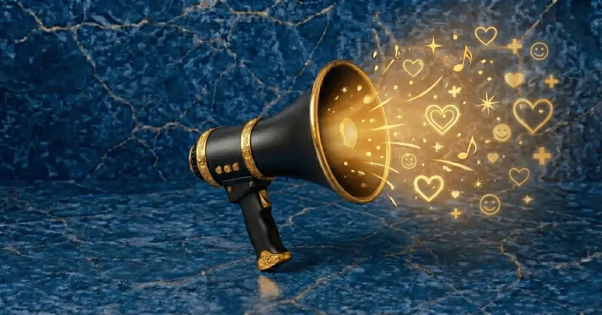 Black megaphone with golden accents blasting positivity representing positive self-talk exercises.