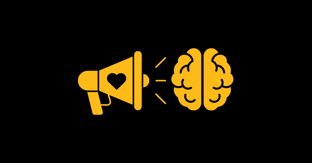 Golden megaphone blasting positivity to a brain representing positive self-talk exercises.