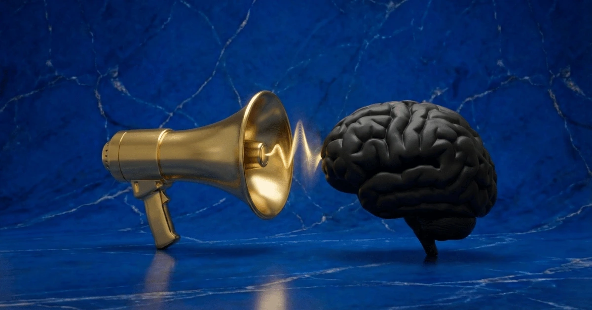 Golden megaphone blasting positivity to a negative brain representing positive self-talk exercises.