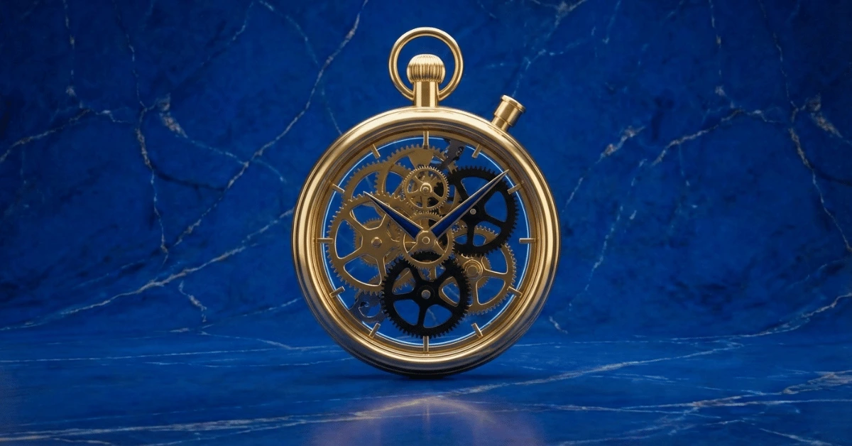 TIme management tips for work represented by a golden stopwatch with gears inside.