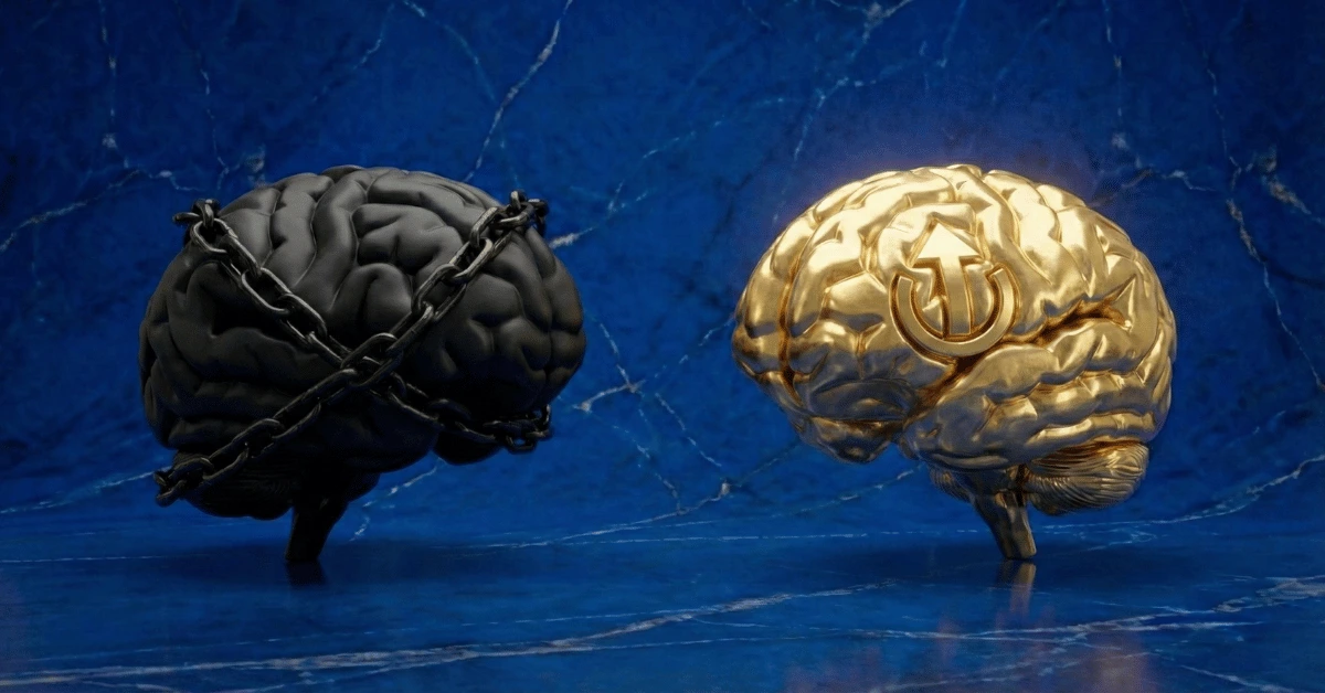 A black fixed mindset brain and a golden growth mindset brain representing the difference between a growth mindset and a fixed mindset.