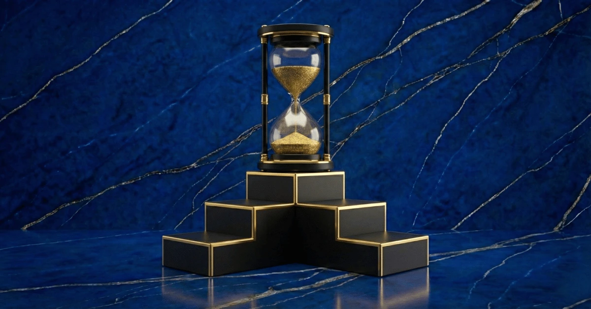 Feeling behind in life represented by steps with an hourglass.