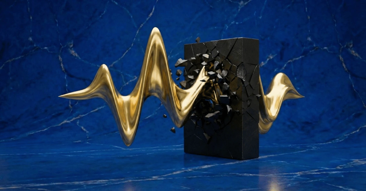 A golden sound wave crushing through a symbolic black awkward silence block symbolizing avoiding awkward silences.