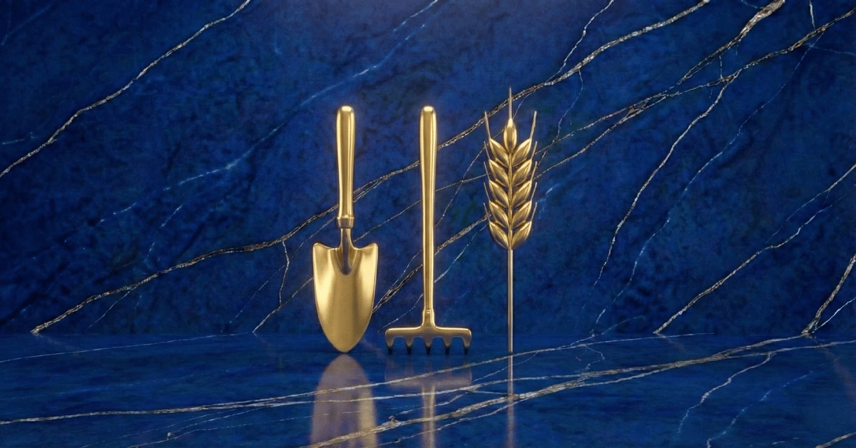 Dream fields in personal development represented by a golden trowel, rake, and grain.