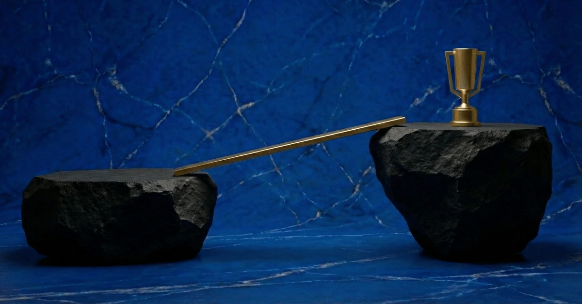 The plateau of latent potential symbolized through two black rocks with a golden bridge in between.