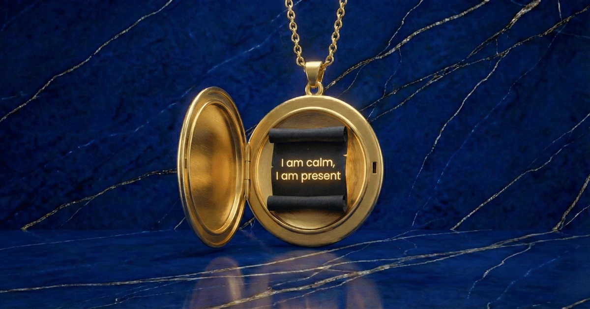 Golden locket with a positive affirmation for anxiety inside.