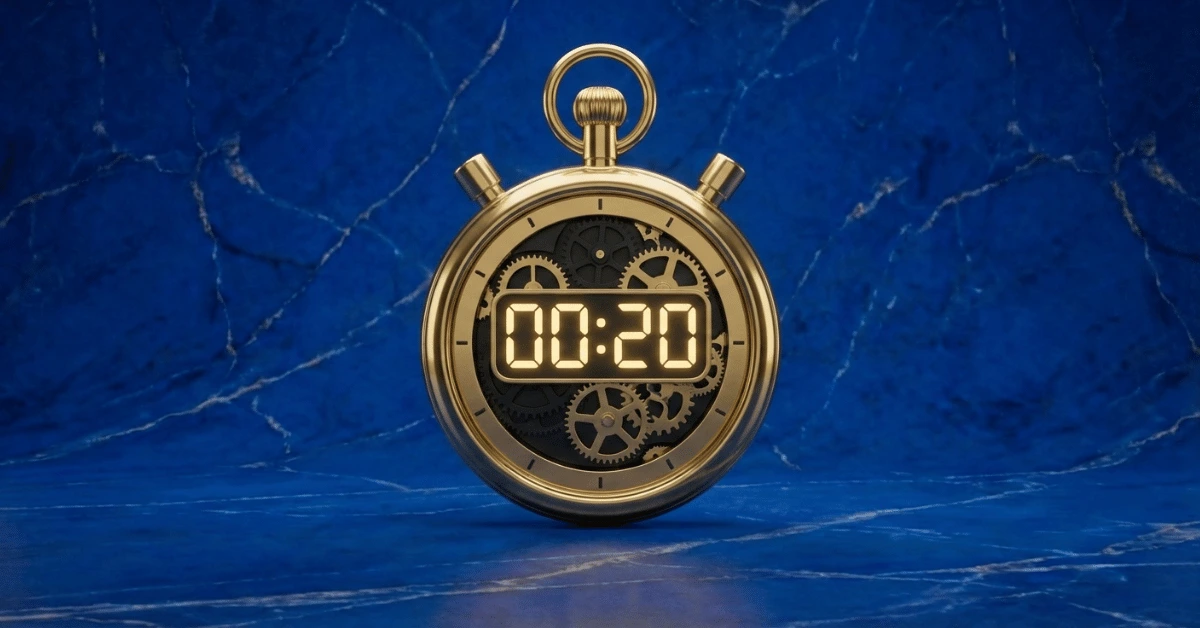 The 20-Second Rule represented by a golden stopwatch with a 20 second countdown.