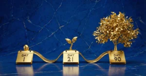 The 21/90 rule for habits symbolized by three calendars with 1, 21 and 90 days, each representing a step towards permanent lifestyle changes.