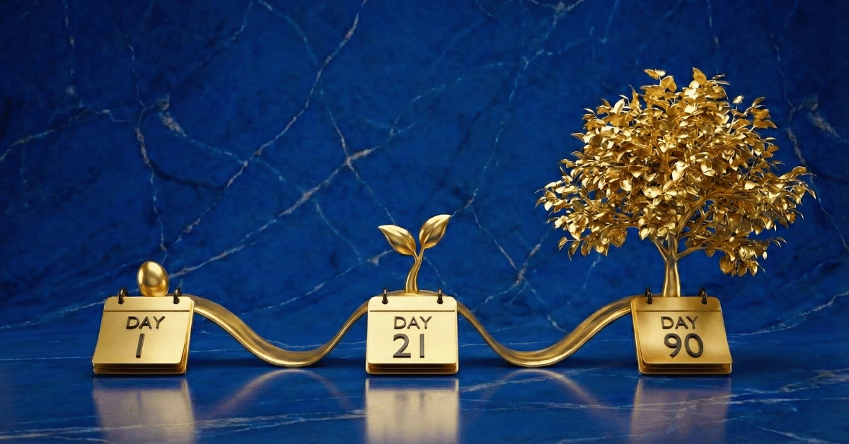 The 21/90 rule for habits symbolized by three calendars with 1, 21 and 90 days, each representing a step towards permanent lifestyle changes.