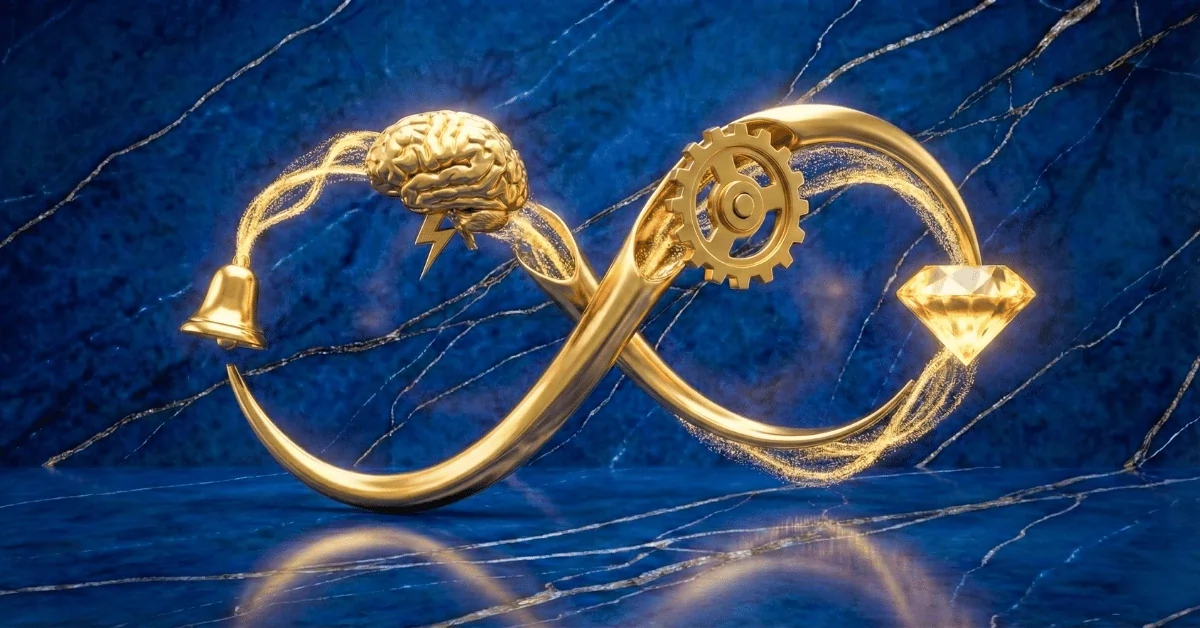 The habit loop of atomic habits symbolized through a golden infinity symbol with habit icons.