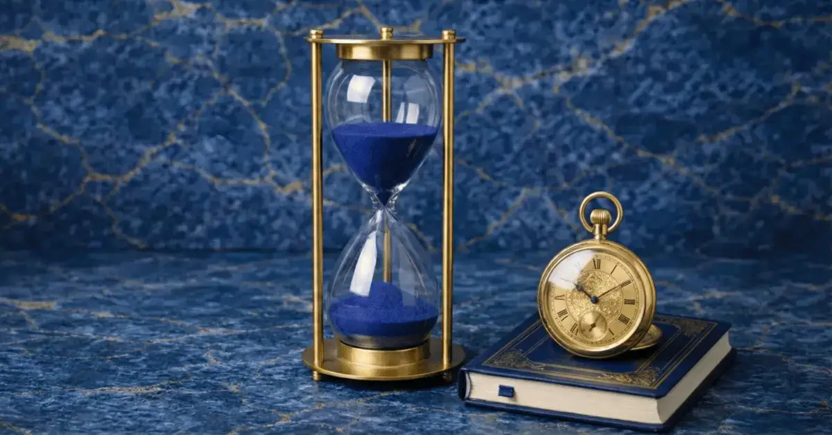 The two minute rule symbolized by an hourglass and a golden stopwatch.