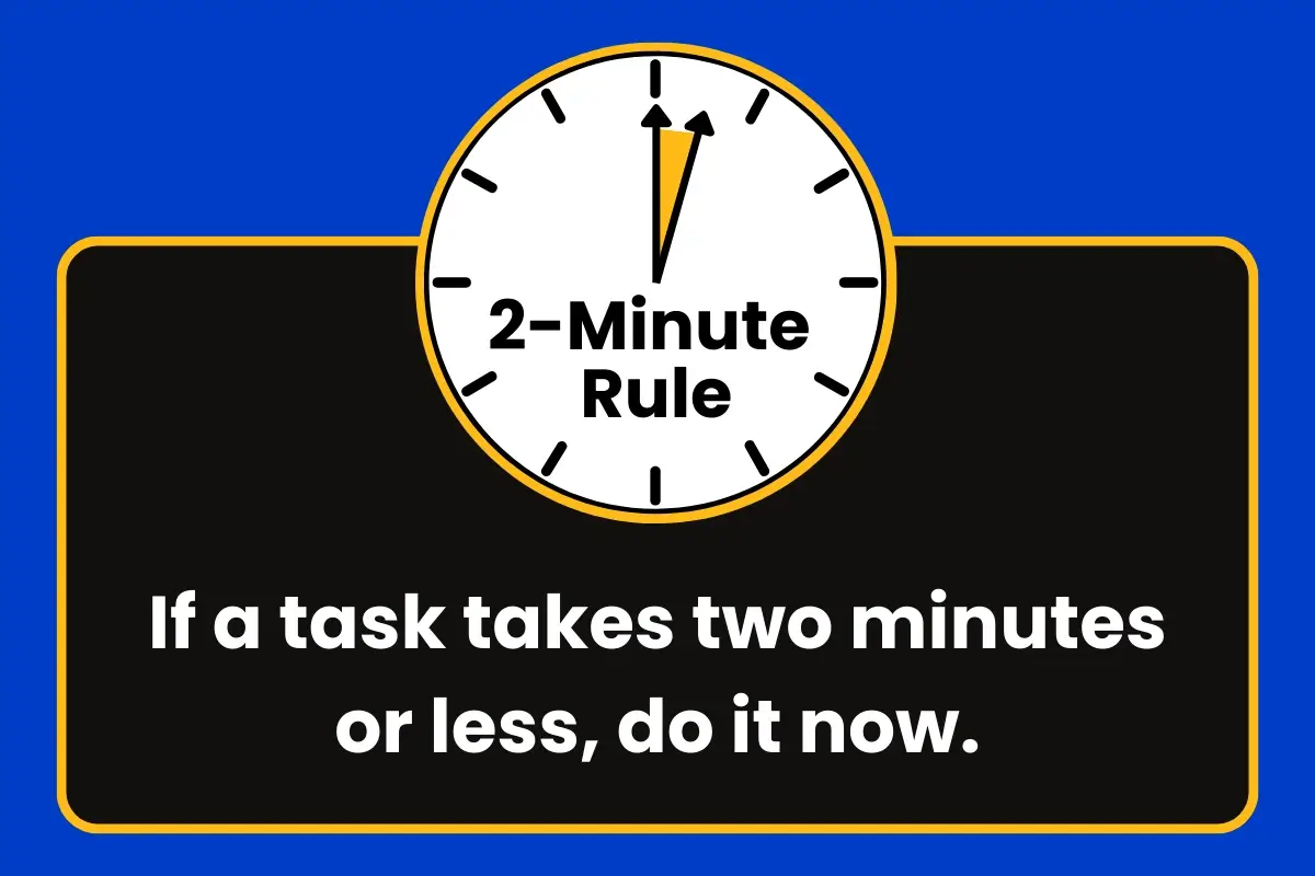 2-Minute Rule graphic showing a clock and the message: “If a task takes two minutes or less, do it now.”