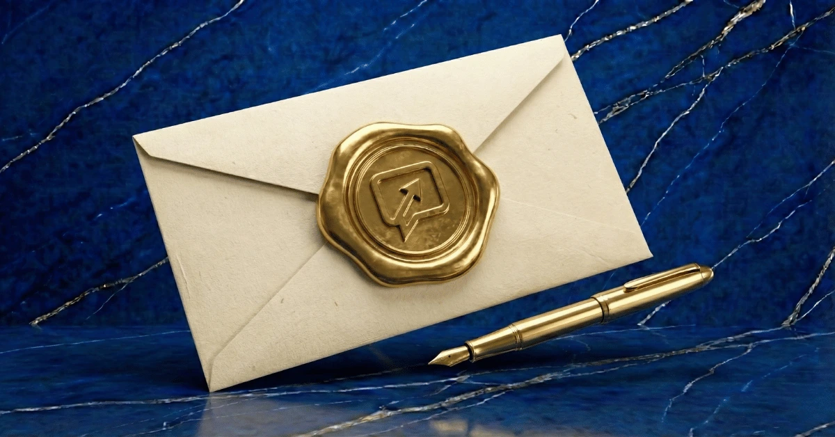 Asking feedback after a job interview symbolized through an envelope with a interview symbol on the stamp, and a golden pen.