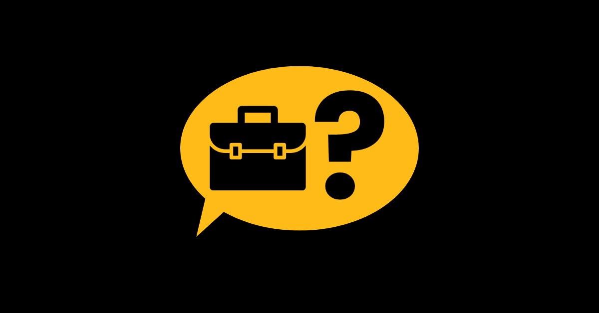 Asking for feedback after and interview symbolized by a text bubble with a suitcase and question mark.