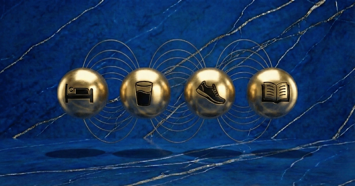 Habit stacking symbolized through four golden spheres with symbols for different stacked habits.