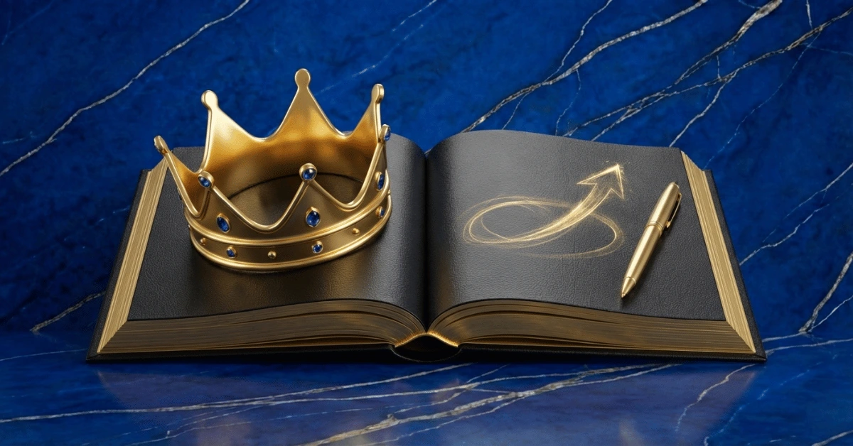 Black journal with golden crown and pen representing journal prompts for self esteem.