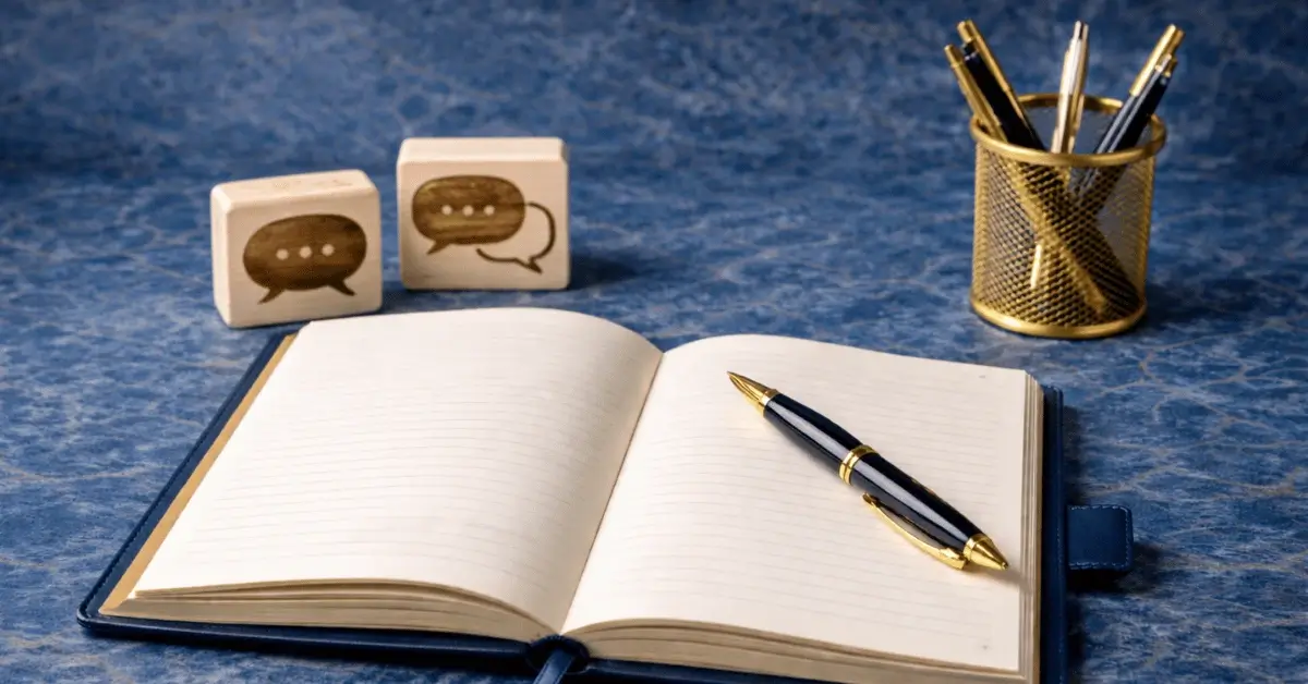 Journal prompts for communication: open notebook with pen and speech-bubble blocks on a blue-and-gold desk.