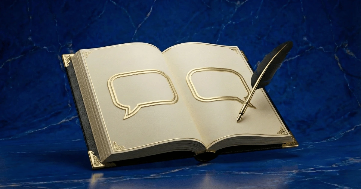 Journal prompts for communication skills: open notebook with pen and speech-bubbles.